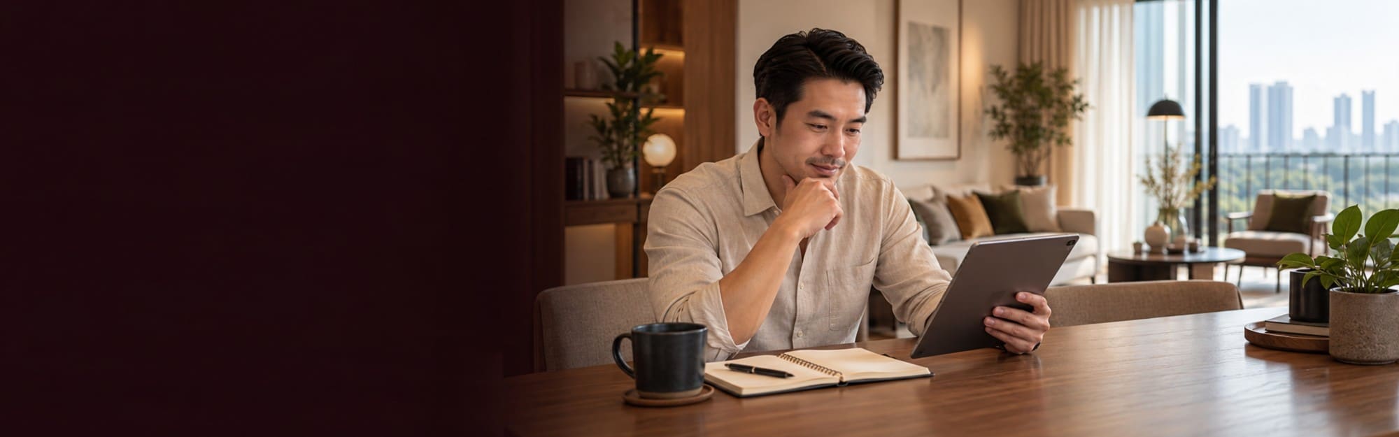 An owner reading on a tablet at the dining table of a furnished unit