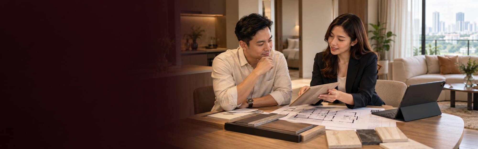 An owner and a consultant reviewing a package over a floor plan